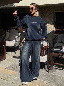 DAZY 女士休闲字母刺绣水洗卫衣牛仔裤两件套，秋冬款