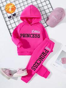 SHEIN Young Girl 2pcs/Set Casual Hooded Sweatshirt With English Letter Print And Pants With Letter Pattern For Spring And Autumn - Hot Pink - View 4