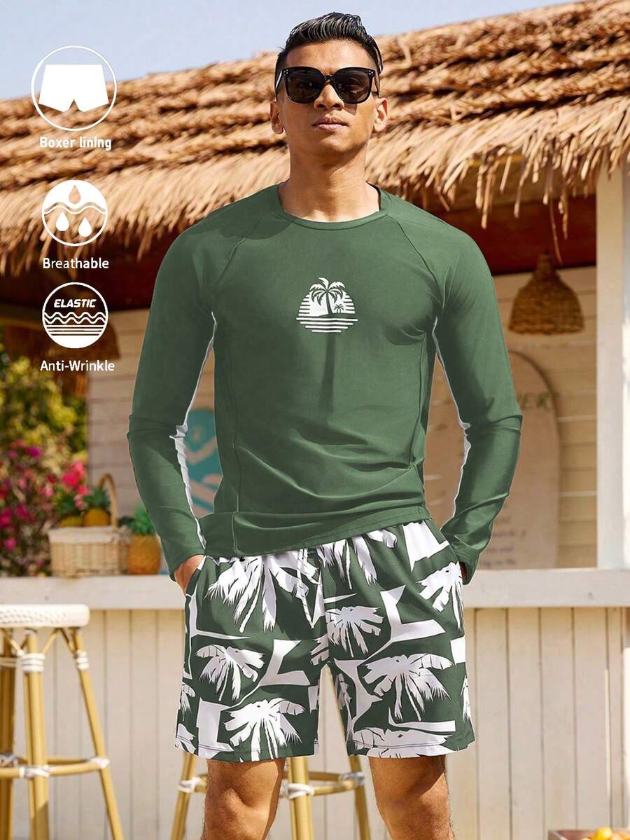 Zalmeno 2pcs Men's Palm Tree Print Long Sleeve Top And Slant Pocket Shorts Set - Multicolor - View 1