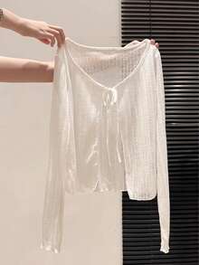 Resyla Women's Lightweight Tie Front Long Sleeve Blouse, Suitable For Summer Vacation - White - View 4