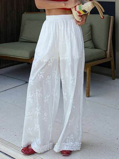 DAZY Quần nữ dáng rộng, màu trơn, chất liệu vải jacquard, cạp chun và gấu quần bo ren, kiểu dáng thường ngày, thích hợp cho mùa xuân/thu.