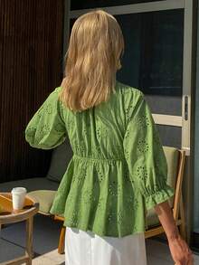 DAZY Women's V-Neck Ruffle Trim Casual Vacation Blouse With Cinched Waist, Spring/Summer - Green - View 2
