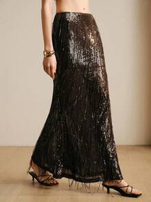 Arave 亮片流苏银色鱼尾个性派对半身裙，适合女士晚礼服、伴娘礼服、正式晚宴礼服，春夏款 - 巧克力棕 - 查看 7