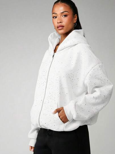 MISSGUIDED Women's Sparkle Studded Hooded Zip Up Sweatshirt Winter Cozy Fleece Hoodie With Glitter Details Casual Comfort
