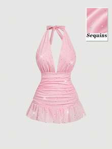 SHEIN MOD 1件装女士纯色网纱挂脖连体泳衣，可爱时尚，适合夏季游泳和休闲 - 粉色 - 查看 3