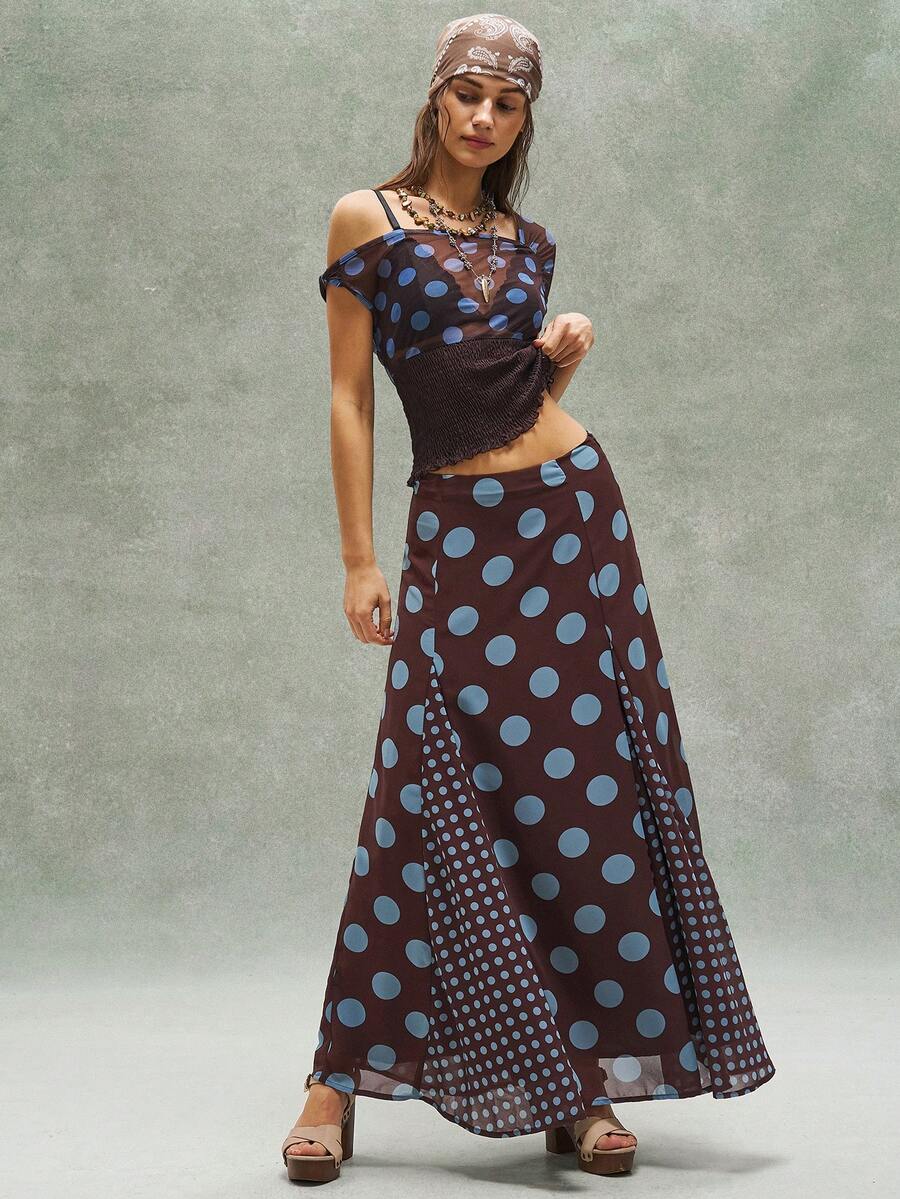 Bohemela 休闲波点图案女式半身裙 - 棕色 - 查看 1