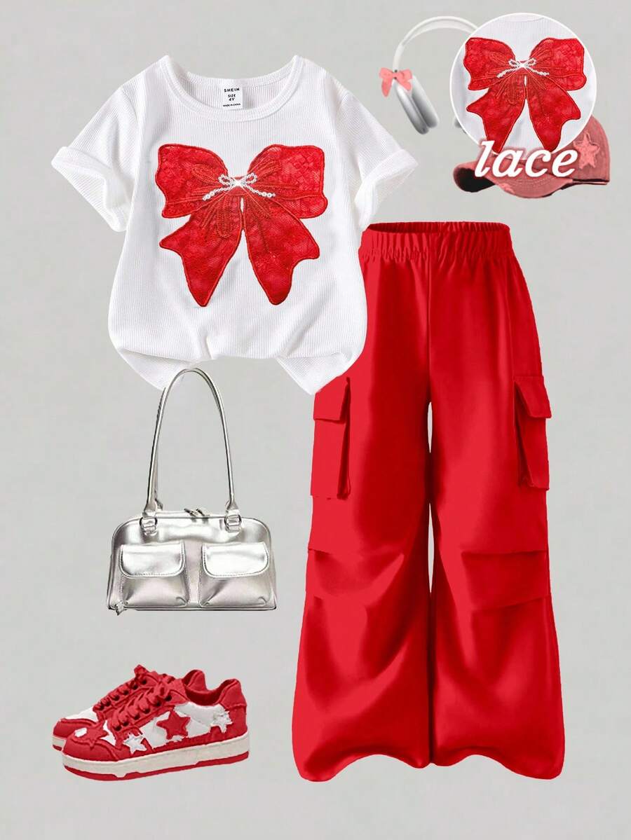 SHEIN ChillGRL Set de 2 piezas de camiseta y pantalón cargo informal para niñas preadolescentes, con camiseta de manga corta y cuello redondo con bordado de mariposa y pantalones, conjunto de moda para primavera/verano - Rojo - Ver 1