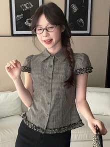 DAZY Women's Plaid Casual Short Sleeve Korean Style Blouse Summer - Black - View 3