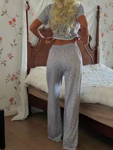 SHEIN Romantic V-Neck Ruffle Splice Black Polka Dot Print Grey Short Sleeve Pajama Set - Light Grey - View 2