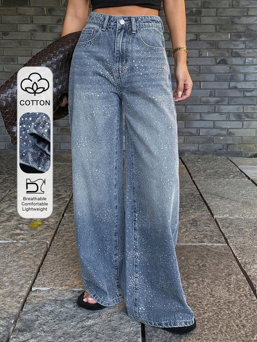 DAZY Women's Regular Waist Rhinestone Embellished Straight Loose Fit Casual Jeans Y2k - Medium Wash - View 1