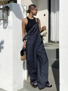 Livesso 春夏宽松休闲度假风时尚街头窄条纹撞色拼接设计大口袋金属扣装饰牛仔裤、牛仔背带裤和连体裤 - 深色水洗藍 - 查看 8