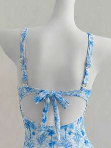 Swim Vcay 女士夏季沙滩度假褶皱花卉系带前交叉露背连体泳衣 - 藍色 - 查看 6