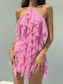 Aloruh Đầm mini ôm sát người kiểu Bohemian dành cho nữ, màu hồng lãng mạn, xếp ly, cổ yếm buộc dây, thích hợp cho kỳ nghỉ biển, những buổi hẹn hò sang trọng, tiệc trà chiều, lễ hội âm nhạc. - Hồng - Xem 8