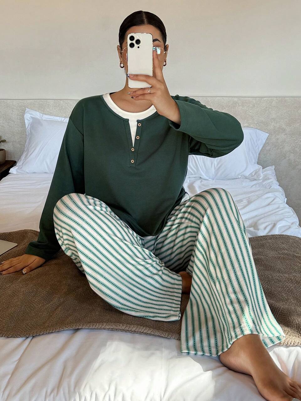 Dazy Plus Plus Size Women Two Pieces Patchwork Long Sleeve Top And Striped Wide Leg Pants Casual Pajama Set