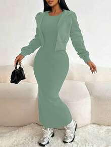 Rafferiza 两件套女士休闲连帽拉链外套，收腰设计，弹性针织露背连衣裙，保暖内衬，适合秋冬季节穿着。 - 綠色 - 查看 4