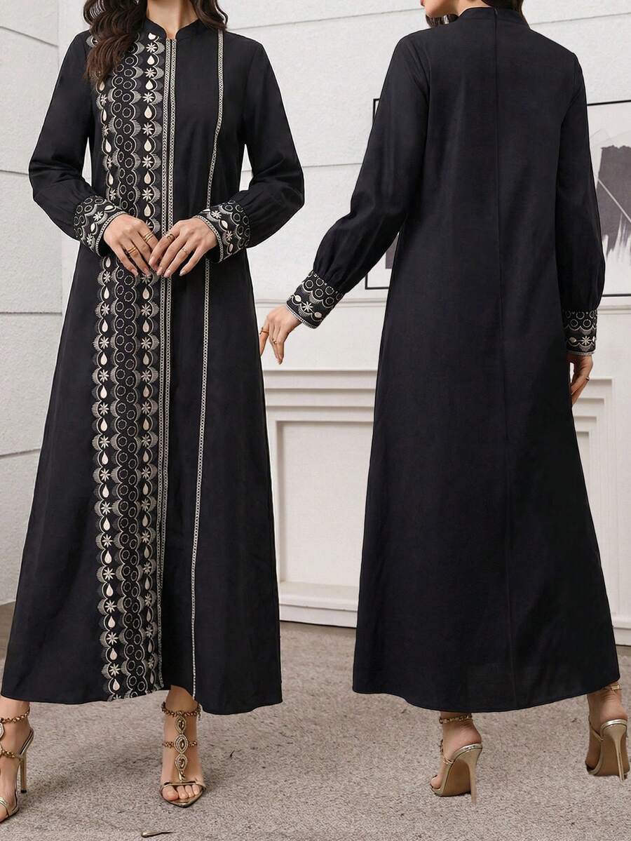 Al Najma 黑色优雅几何印花宽松阿拉伯风格连衣裙