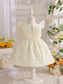 Baby Girls' Summer White Princess Style Butterfly Decor Ruffle Sleeve Dress, Elegant Floral Trim, Suitable For Outings, Photo Shoots, And Parties - Apricot - View 2