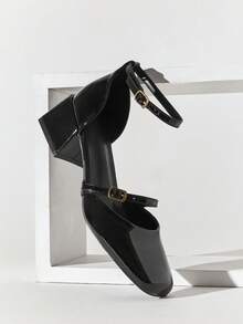 SHUZIA Women's Elegant Square Toe Block Heel Ankle Strap Pumps - Black - View 6