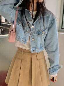 DAZY 翻领双口袋金属单排扣宽松长袖短款女士牛仔夹克外套 - 淺色水洗藍 - 查看 5