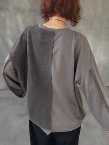 FRIFUL Damen lässiges, locker geschnittenes T-Shirt mit Rundhalsausschnitt , Drop-Shoulder, langärmlig, vielseitig einsetzbar - Grau - Übersicht 5