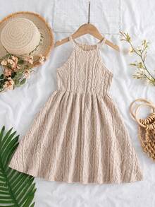 1pc Girls Khaki Knit Jacquard Fabric Sleeveless Elastic Waist Simple Casual Vacation Elegant Beach Dress - Khaki - View 4