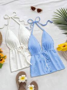 Soleia Bộ 2 áo tank top nữ kiểu dáng thường ngày, hở lưng, buộc dây cổ, thích hợp cho mùa hè. - Nhiều màu - Xem 6