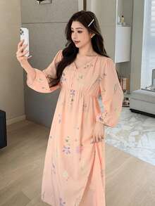 DAZY Women's Floral Print Nightgown, Spring - Orange - View 1