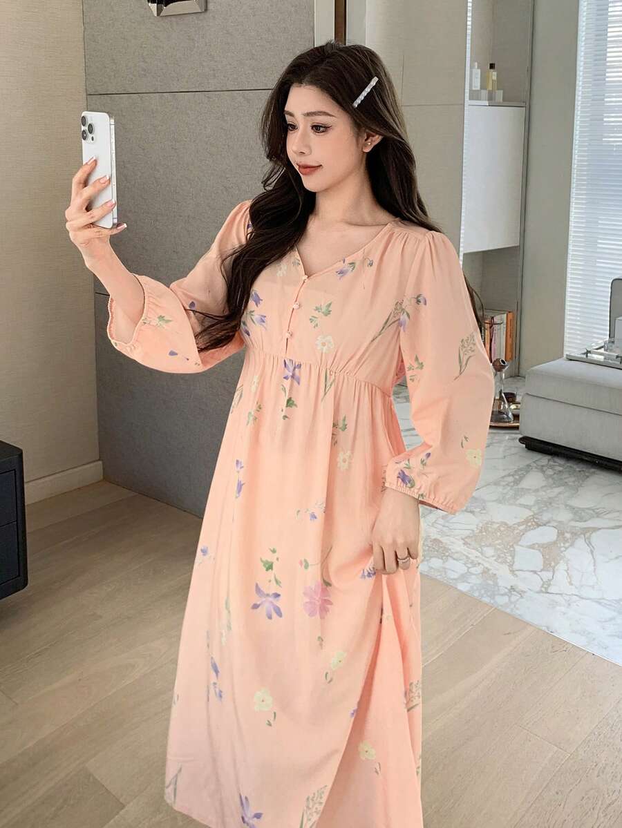 DAZY Women's Floral Print Nightgown, Spring - Orange - View 1