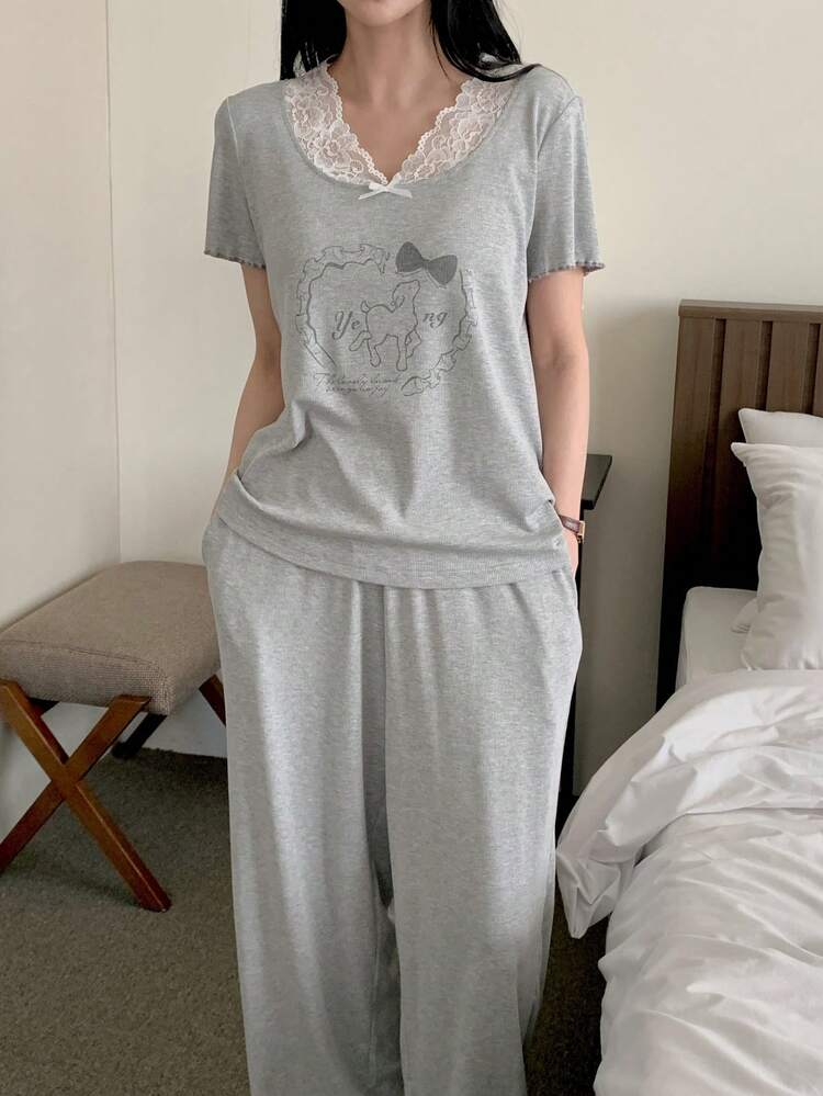 2pcs Cute Sheep Print Lace Patchwork Loose Short Sleeve & Pants Pajama Set For Women, Summer