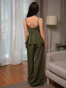 DAZY Bộ áo liền quần dây đeo xếp ly màu trơn dành cho nữ, đồ mặc nhà. - Màu xanh Ô liu - Xem 2