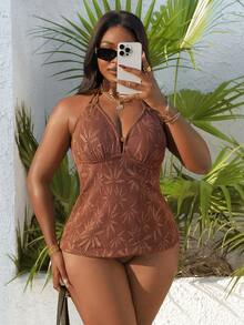 Slaydiva Plus Size Women 2 Pieces Lace Trim Tankini Swimwear, Summer Vacation - Coffee Brown - View 3