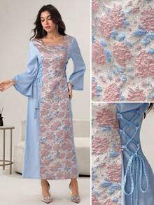 Yasmyna Đầm dài tay xẻ tà, cổ vuông, thắt eo, chất liệu jacquard, phối nhiều mảnh vải, kiểu Ả Rập dành cho nữ. - Màu xanh lam - Xem 5