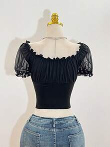 SHEIN PETITE Petite Women's Square Neck Double Layer Mesh Patchwork Elastic Waist Fitted Casual T-Shirt - Black - View 2