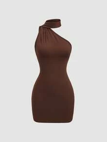 Sweetra Y2K Sexy Backless Asymmetric Shoulder Strap Elastic Bodycon Mini Dress - Brown - View 3