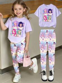 Spring, Summer & Autumn Young Girl Casual Fashion Creative Personalized Refreshing Minimalist Cool Virtual Girl Group Colorful Star Diamond Moon Gradient Typography Graphic Print Comfortable Basic Short T-Shirt And Leggings Set, Cozy Summer And Fall Styles Suitable For Spring, Summer, Autumn - Multicolor - View 1