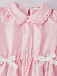 SHEIN ChillGRL Streecool 少女宽松腰A字连衣裙，纯色3D立体压纹面料，衬衫领，蝴蝶结装饰，适合春夏休闲穿着 - 粉色 - 查看 9