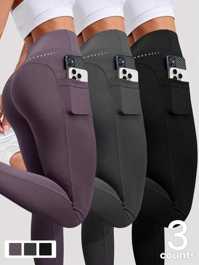 Velisys 3pcs/Set Basic Moisture-Wicking Fabric Lifting Design Sports Pants, Fitness/Yoga, Multiple Colors