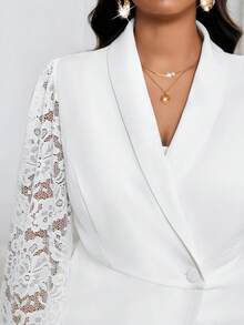 SHEIN Lady 大码女式撞色蕾丝长袖外套和裤子优雅套装 - 白色 - 查看 7