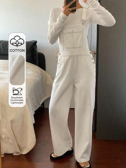 Livesso 女士纯色休闲口袋阔腿牛仔背带裤