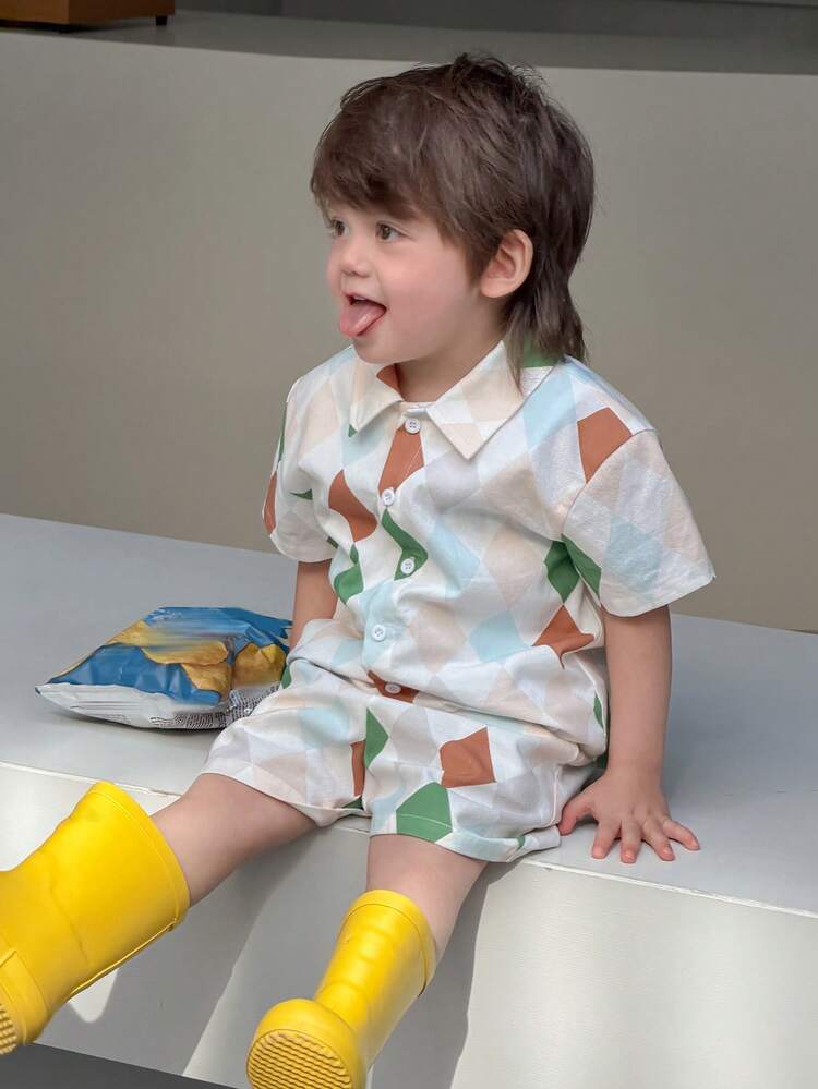 Baby Boy Summer Casual Colorblock Plaid Short Sleeve Shirt And Shorts Set