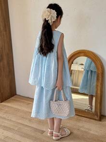 DAZY Tween Girls Round Neck Sleeveless Shirt & Skirt 2-Piece Set, Fall Outfit - Blue - View 2