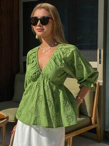 DAZY Women's V-Neck Ruffle Trim Casual Vacation Blouse With Cinched Waist, Spring/Summer - Green - View 5