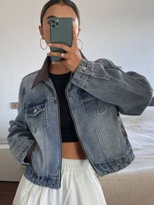 DAZY 西部牛仔风拼接撞色宽松长袖休闲街头夹克，女士牛仔外套，适合春秋季节穿着，Y2K风格 - 藍色 - 查看 7