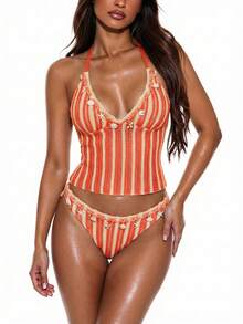 Swim Chiccia 女士夏季沙滩条纹吊带性感坦克背心泳装套装 - 橘色 - 查看 12