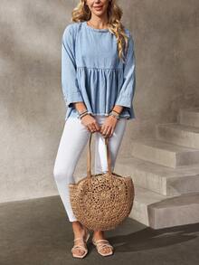 Breezaya Camicetta di jeans ampia con scollo rotondo, maniche a 3/4 e orlo con volant sfrangiato - Blu - Visualizzare 6