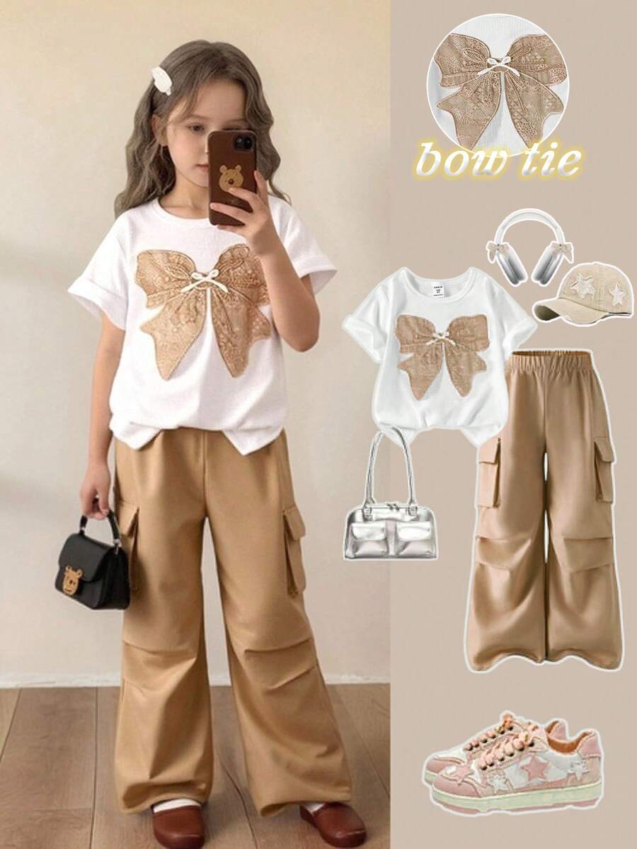 SHEIN ChillGRL 2件套少女休闲T恤和工装裤套装，蝴蝶刺绣图案圆领短袖T恤和裤子，春夏时尚套装 - 卡其色 - 查看 1