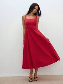 ATUI Studio Women's Red Cotton Maxi Dress – Elegant Chic Long Sleeveless Dress, Breathable Staple For Summer Beach Vacation, Party Vacation - Red - View 3
