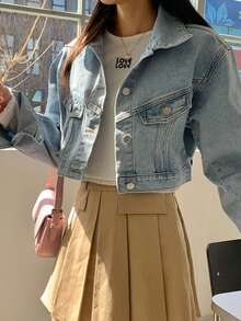 DAZY 翻领双口袋金属单排扣宽松长袖短款女士牛仔夹克外套 - 淺色水洗藍 - 查看 8