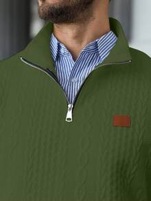 Manfinity CasualCool 男士休闲纯色纹理拉链立领卫衣，男士秋季新款纯白色简约休闲拉链套头卫衣，男士穿搭，日常通勤、旅行百搭单品 - 軍綠色 - 查看 5