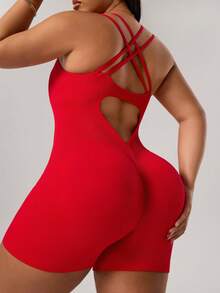 Rhythm Era 1pc Plus Size Women Seamless Backless Criss-Cross Hollow Design Jumpsuit For Running, Fitness, Workout